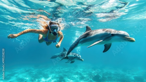 Snorkeler Swimming with Playful Dolphins Underwater