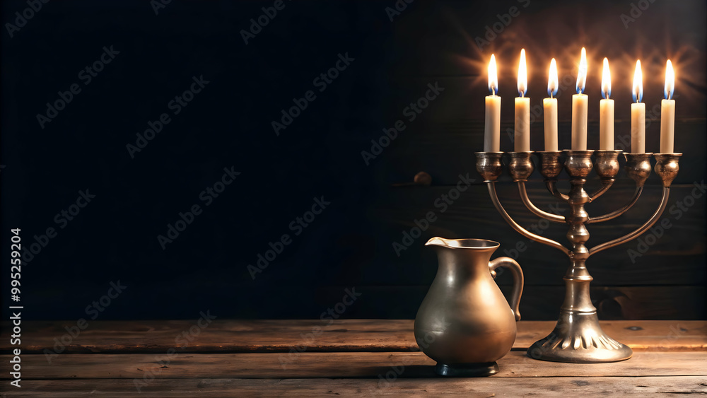 Flat Border Frame Featuring Hanukkah Oil Jug and Candles with Copy Space for Festive Designs - Traditional Meets Modern Illustration Flat Border Frame Featuring Hanukkah Oil Jug and Candles with Copy Space for Festive Designs - Traditional Meets Modern Illustration