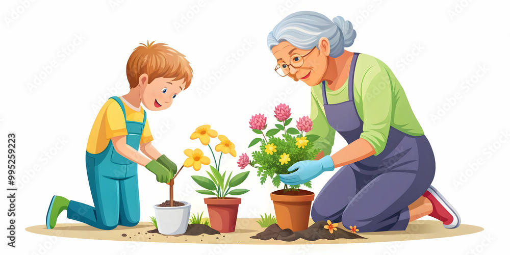 Flat Candid Illustration of Elderly Woman and Young Boy Planting Flowers Together, Symbolizing Intergenerational Unity for Human Rights Day in Natural Light Flat Candid Illustration of Elderly Woman and Young Boy Planting Flowers Together, Symbolizing Intergenerational Unity for Human Rights Day in Natural Light