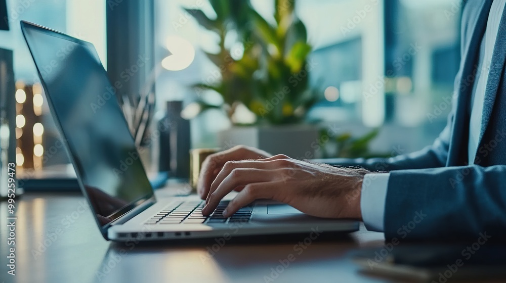 Professional Hands Typing on Laptop in Modern Office Professional Hands Typing on Laptop in Modern Office