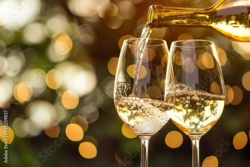 Wallpaper Mural Pouring two glasses of white wine from a bottle with a bokeh background and copyspace Torontodigital.ca