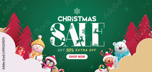 Christmas sale vector banner design. Christmas sale text with happy snowman, penguin, reindeer, polar bear characters in paper cut pine tree and clouds green background for shopping discount promo. 