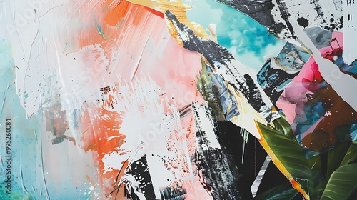 An abstract collage illustration with torn paper textures, splashes of paint, and photographic elements combined to create an eclectic, artistic piece. 8k UHD, suitable for high-quality printing 