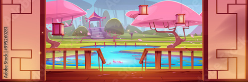 View on Japanese garden with pink Sakura trees from house interior with wooden terrace and fence. Cartoon vector summer traditional oriental spring park with cherry blossom, pond and temple on stones.