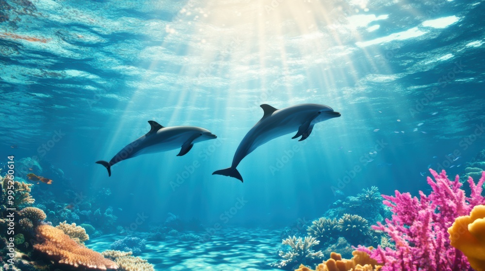 Fototapeta premium Graceful Dolphins Swimming in Coral Reef Paradise