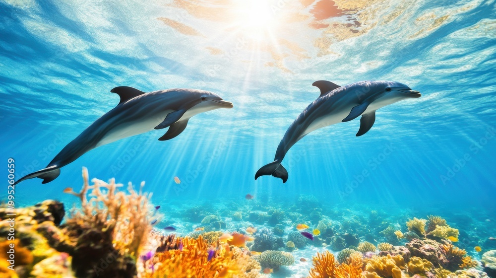 Dolphins Swimming in Tropical Ocean Habitat Dolphins Swimming in Tropical Ocean Habitat