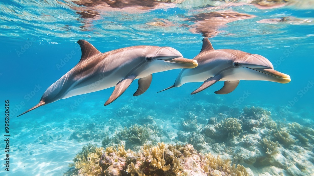 Fototapeta premium Playful Dolphins Swimming in Clear Tropical Water