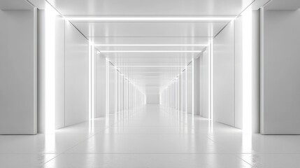 White background 3D room light abstract space technology tunnel stage floor. Empty white future 3D neon background studio futuristic corridor render modern interior silver road black wall design gray