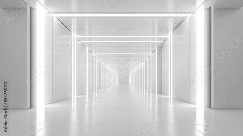 Fototapeta Naklejka Na Ścianę i Meble -  White background 3D room light abstract space technology tunnel stage floor. Empty white future 3D neon background studio futuristic corridor render modern interior silver road black wall design gray
