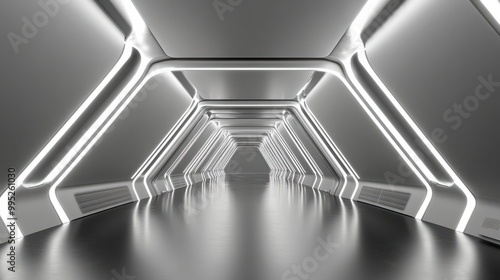 White background 3D room light abstract space technology tunnel stage floor. Empty white future 3D neon background studio futuristic corridor render modern interior silver road black wall design gray