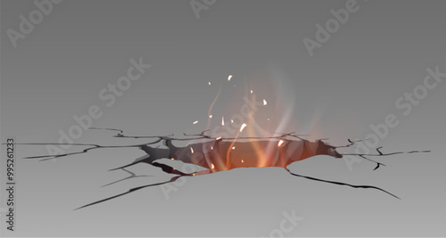 Broken ground or wall concrete surface with hole, cracks and volcanic glow from behind it with smoke and sparkles. Realistic 3d vector illustration of floor or land fracture with fire light effect.