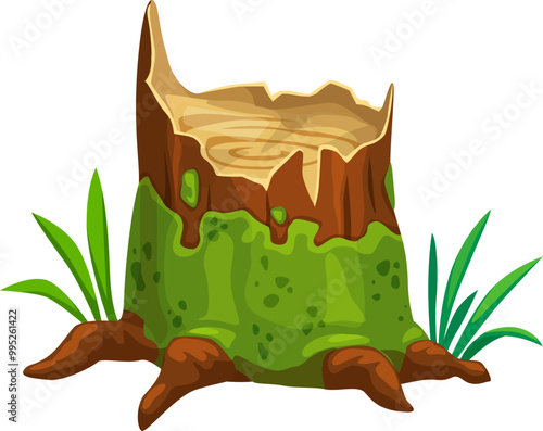 Tree stump with green moss and surrounding plants, natural and wild game asset captures a prehistoric jungle atmosphere for fantasy or dinosaur-themed environments, adventure and nature exploration