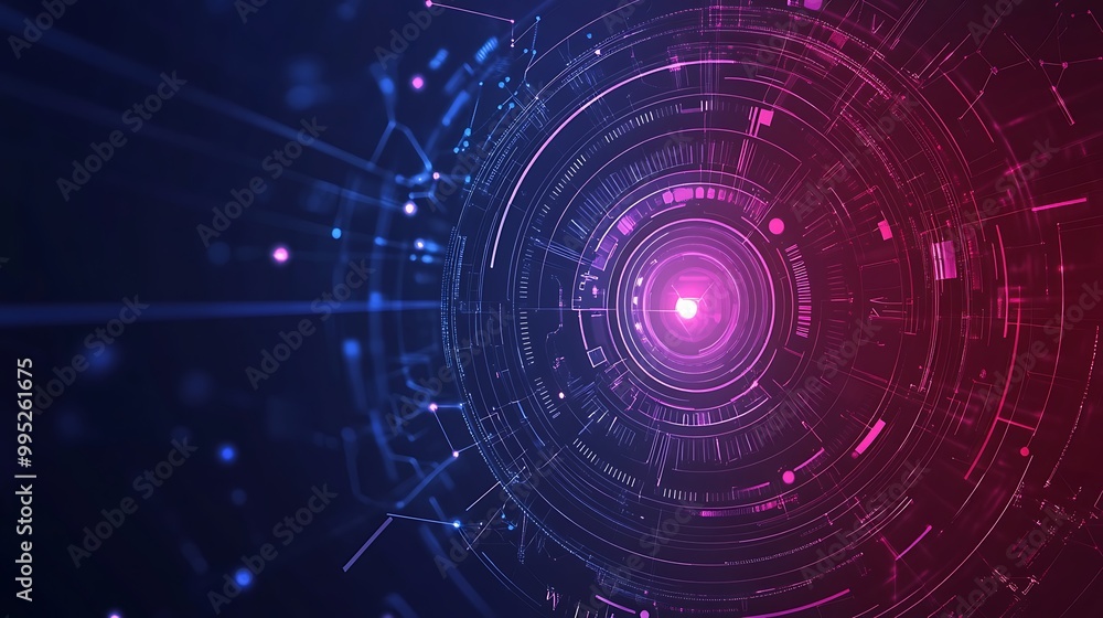 Abstract futuristic background with a glowing circle in the center surrounded by lines and dots. Abstract futuristic background with a glowing circle in the center surrounded by lines and dots.