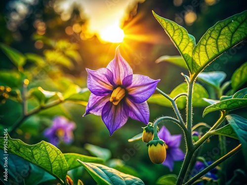 In a lush green garden, a beautiful nightshade flower flourishes, illuminated by the soft evening light, evoking