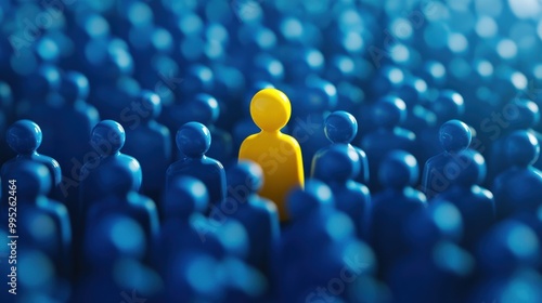 Yellow figure distinct among blue crowd, representing the concept of finding the right person in HR, business strategy, and organizational psychology