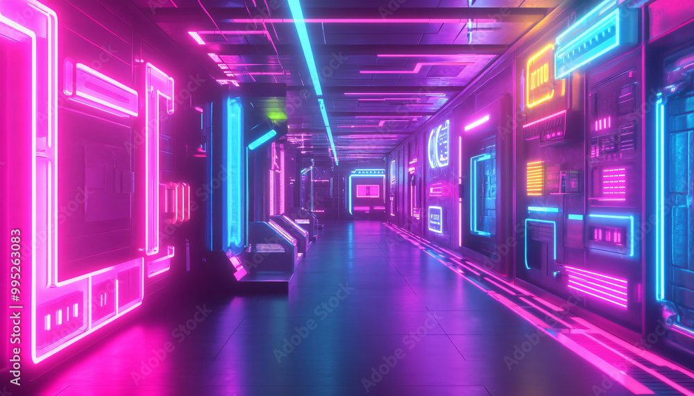 Bright, glowing neon signs in various shapes and colors, with a futuristic, cyberpunk-style backdrop Bright, glowing neon signs in various shapes and colors, with a futuristic, cyberpunk-style backdrop