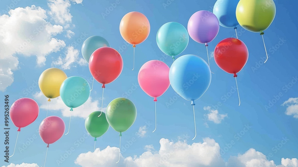 ballons with strings flying in wide line at the sky, colorful, happy, fun, side view angle ballons with strings flying in wide line at the sky, colorful, happy, fun, side view angle