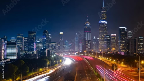 City lights changing during night showing traffic flow