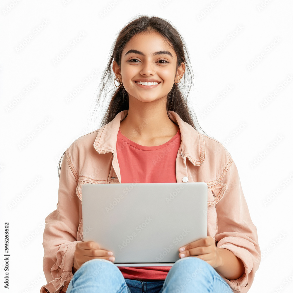 young indian woman using laptop on white background young indian woman using laptop on white background