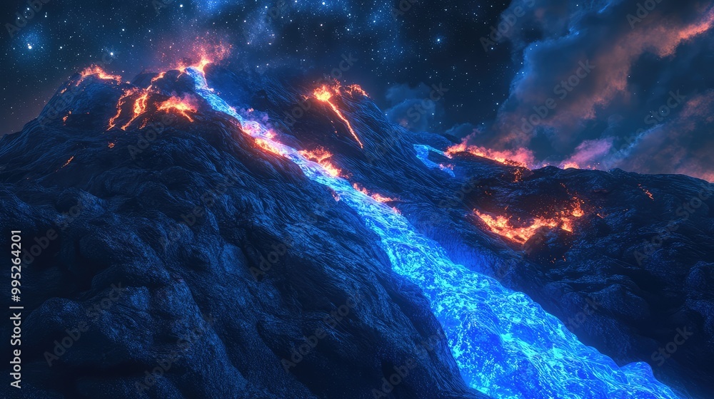Naklejka premium An aerial view of blue lava cascading down a volcanic slope under starry skies