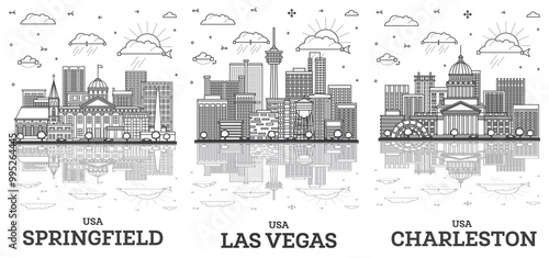 Outline Las Vegas Nevada, Charleston West Virginia and Springfield Illinois City Skyline set with Modern Buildings and Reflections Isolated on White.