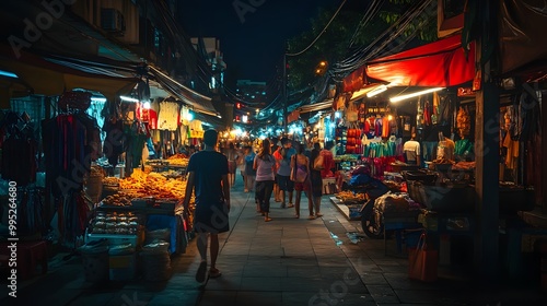 77. A bustling night market with street food vendors and colorful lights photo