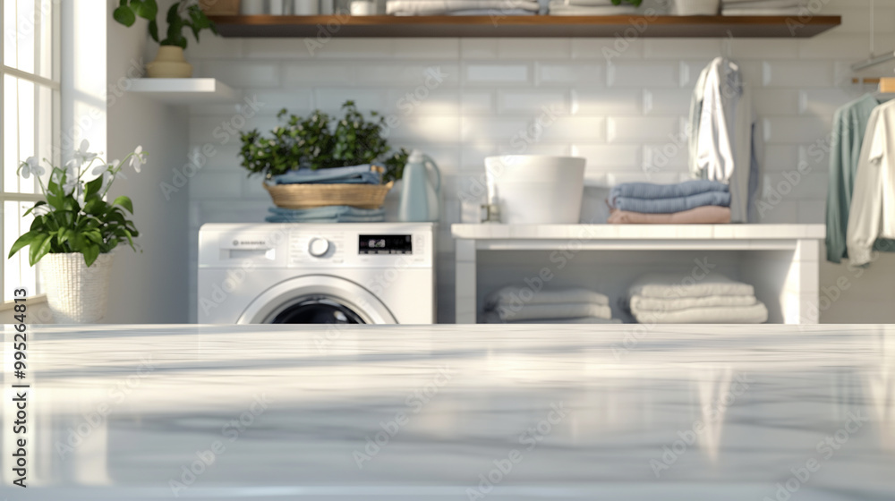 White countertop in laundry room for product presentation. Empty tabletop against the background of a washing machine with shelves, clothes and plants White countertop in laundry room for product presentation. Empty tabletop against the background of a washing machine with shelves, clothes and plants