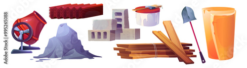 Building material stack. Brick pile vector icon. House construction isolated cartoon graphic set. Wood, cement powder, stacked cinder and mixer supply object for build home in game. Rough timber piece