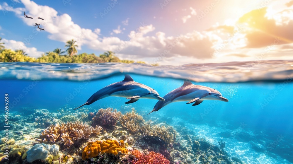 Dolphins Swimming Above Vibrant Coral Reef Underwater Dolphins Swimming Above Vibrant Coral Reef Underwater