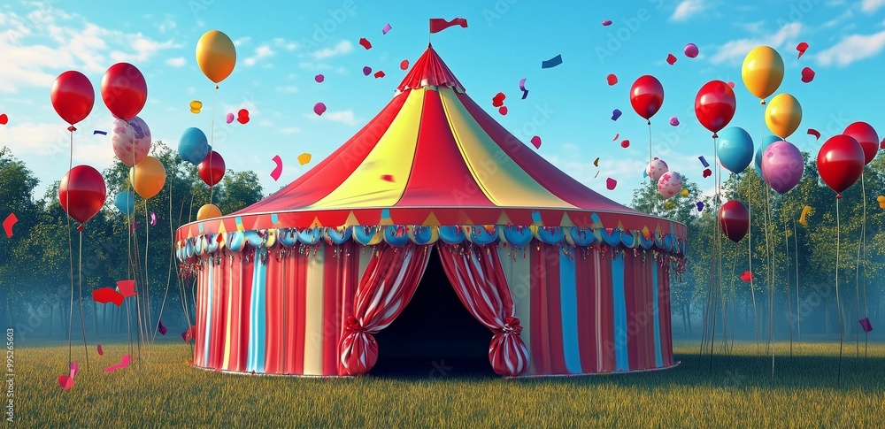 Circus tent with balloons and confetti designs, grass background, 3D style Circus tent with balloons and confetti designs, grass background, 3D style
