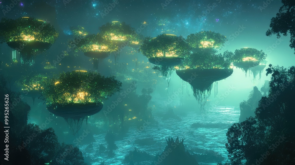 Fototapeta premium An alien ocean with strange floating islands covered in glowing plants