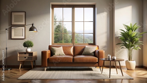 Cozy living room with brown couch, armchair, and large window