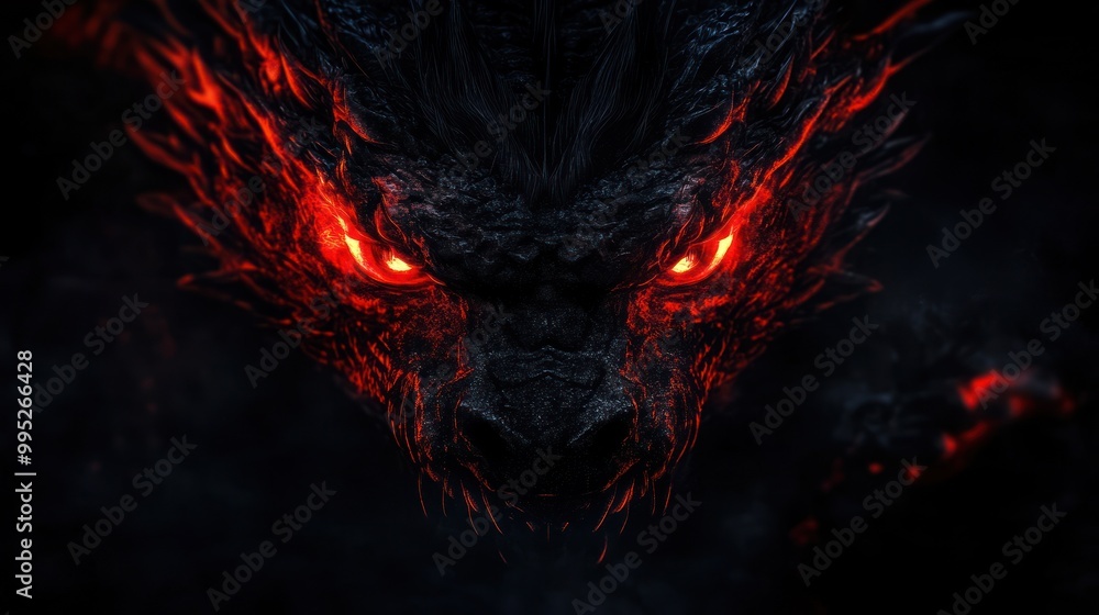 A fierce dragon's head with glowing red eyes, exuding a dark and menacing aura. A fierce dragon's head with glowing red eyes, exuding a dark and menacing aura.