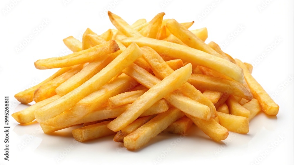 Crispy and golden French fries arranged in a perfect depth of field on a white background Crispy and golden French fries arranged in a perfect depth of field on a white background