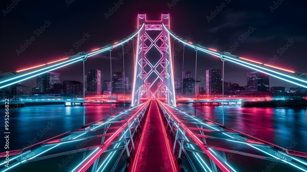 Obraz premium Neon bridge at night futuristic bridge 