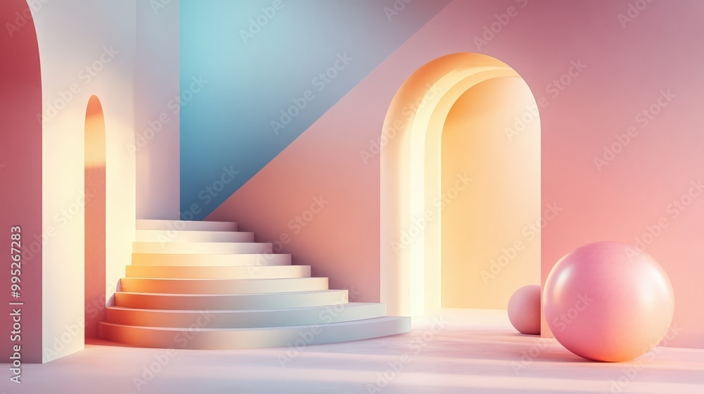 3D geometric style interior scene with a minimal arch and staircase, combined with a gradient pastel background and abstract shapes 3D geometric style interior scene with a minimal arch and staircase, combined with a gradient pastel background and abstract shapes