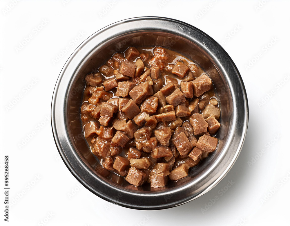 wet cat food in metal bowl, canned wet dog food made from fish, stainless bowl, isolated on white background wet cat food in metal bowl, canned wet dog food made from fish, stainless bowl, isolated on white background