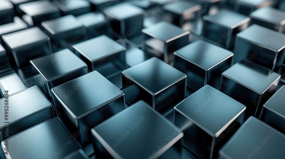 Naklejka premium Grey, Glossy Cubes Neatly Aligned to create a Innovative Tech Wallpaper. 3D Render.