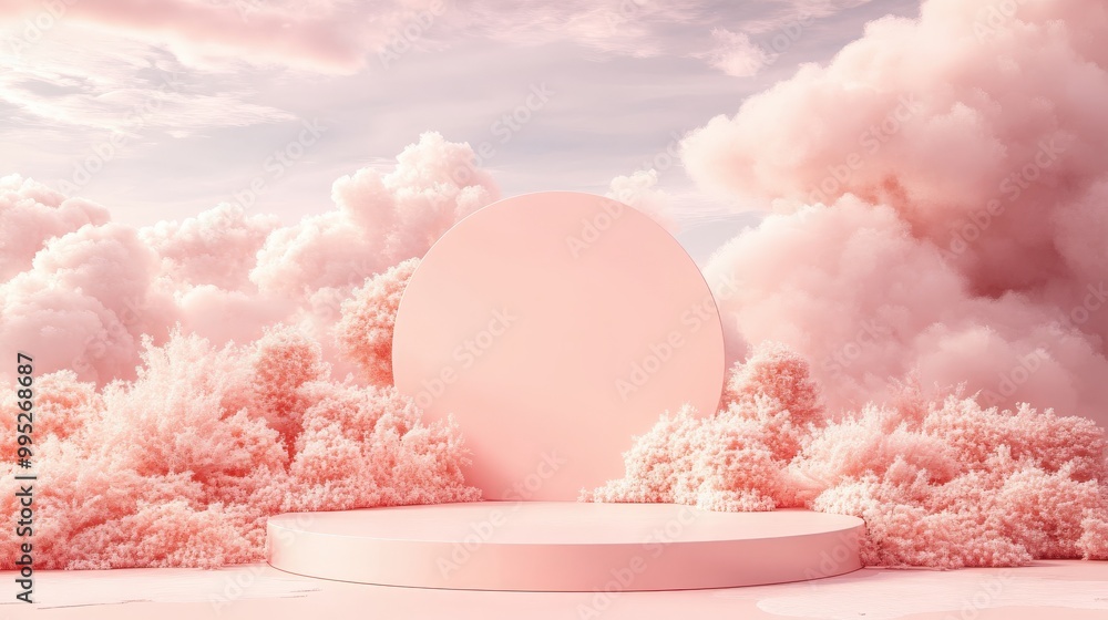 3D illustration of a natural beauty podium with a whimsical sky background, perfect for creating a romantic product display 3D illustration of a natural beauty podium with a whimsical sky background, perfect for creating a romantic product display