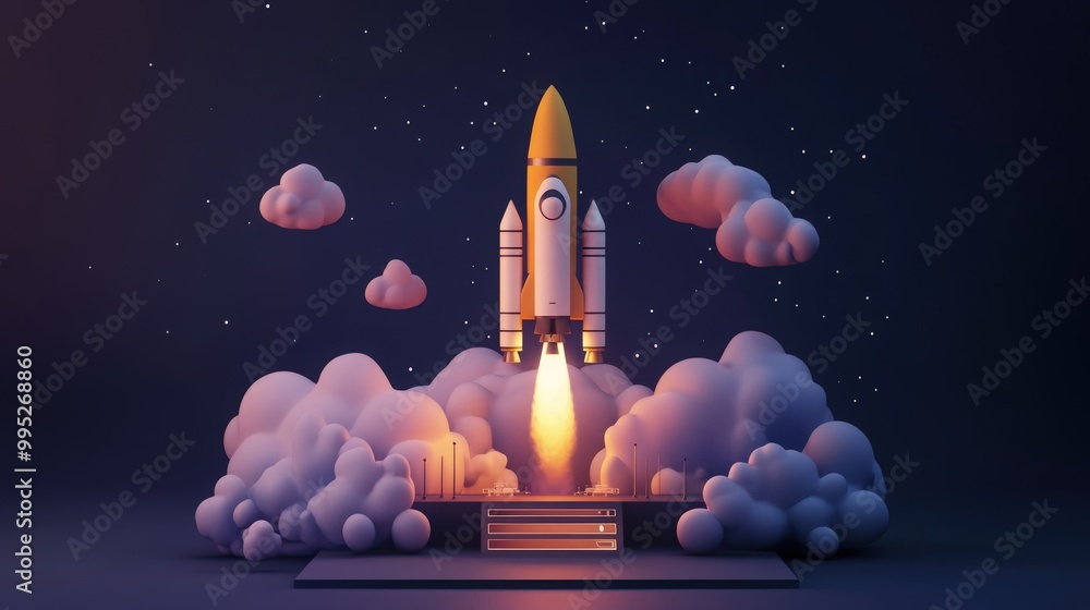 3D illustration of a new product or service launch, incorporating a space rocket launch and technology development process as key visual elements 3D illustration of a new product or service launch, incorporating a space rocket launch and technology development process as key visual elements