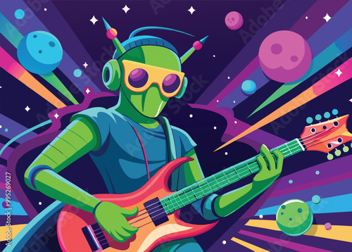 Alien Guitarist in Outer Space Vector Illustrationalien