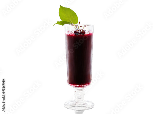 Cherry Juice Dark cherry juice in a tall glass cherries with stems and leaves energetic