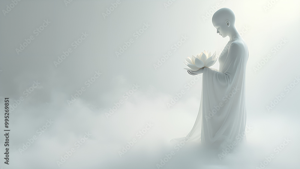 A white plaster-like androgynous figure holding a glowing white lotus in their hands A white plaster-like androgynous figure holding a glowing white lotus in their hands