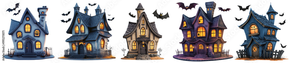 Collection of spooky haunted houses with bats isolated on white background Collection of spooky haunted houses with bats isolated on white background