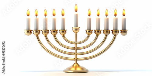 Flat Flying Menorah with Glowing Candles: Weightless and Gravity-Defying Design for Futuristic Hanukkah Illustrations on White Background