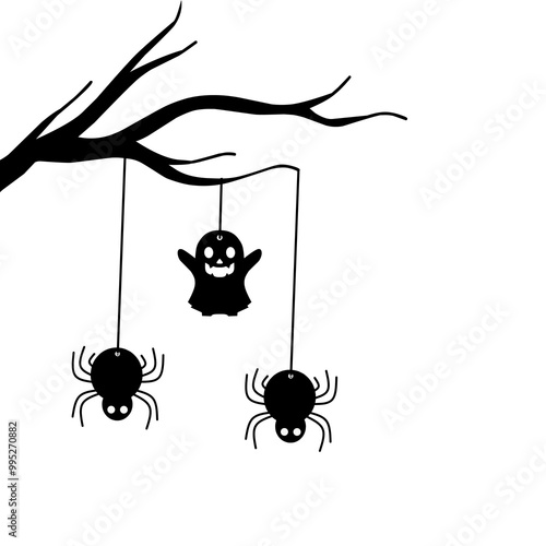 Silhouette of a tree branch with hanging spiders and ghost silhouettes. Halloween Symbol, Decoration concept, Spooky Design, Halloween Flat Vector Illustration