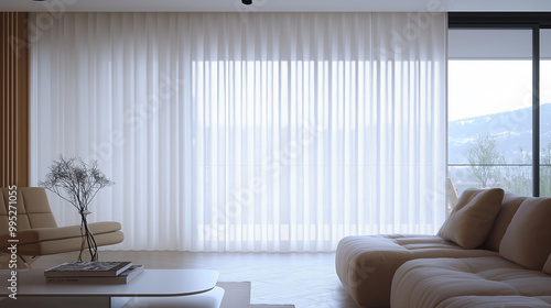 white  wave fold curtains in a big house with  a very beautiful sofa photo