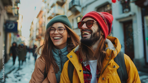 Couple of tourists having fun walking on city street at holiday - Happy friends laughing together on vacation - People and holidays concept