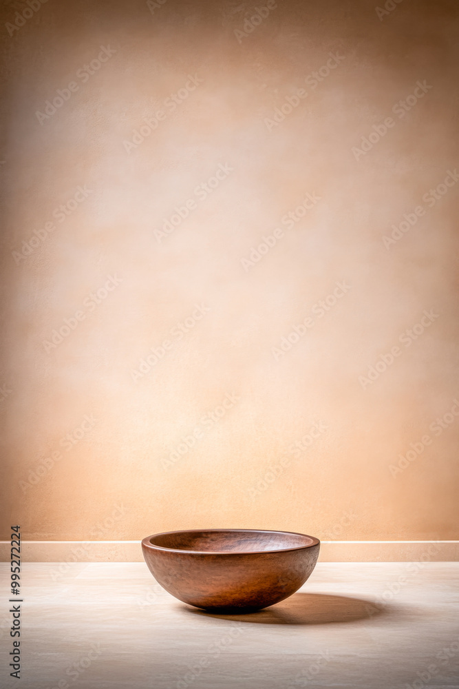 A simple wooden bowl placed on a light-colored surface against a warm, neutral backdrop A simple wooden bowl placed on a light-colored surface against a warm, neutral backdrop