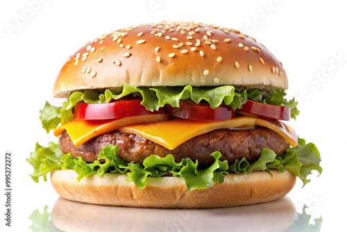 Delicious burger with panoramic view isolated on white background